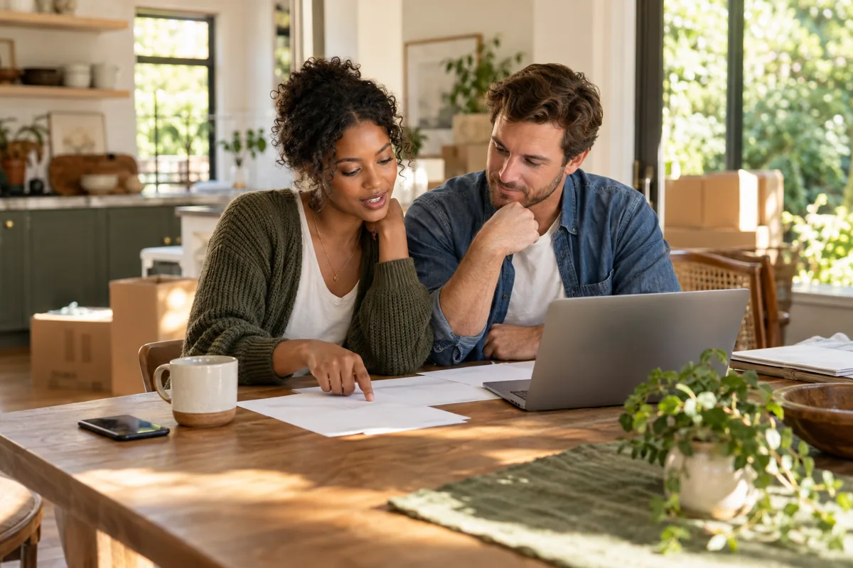 Illustrative couple reviewing homebuying plans together at a kitchen table